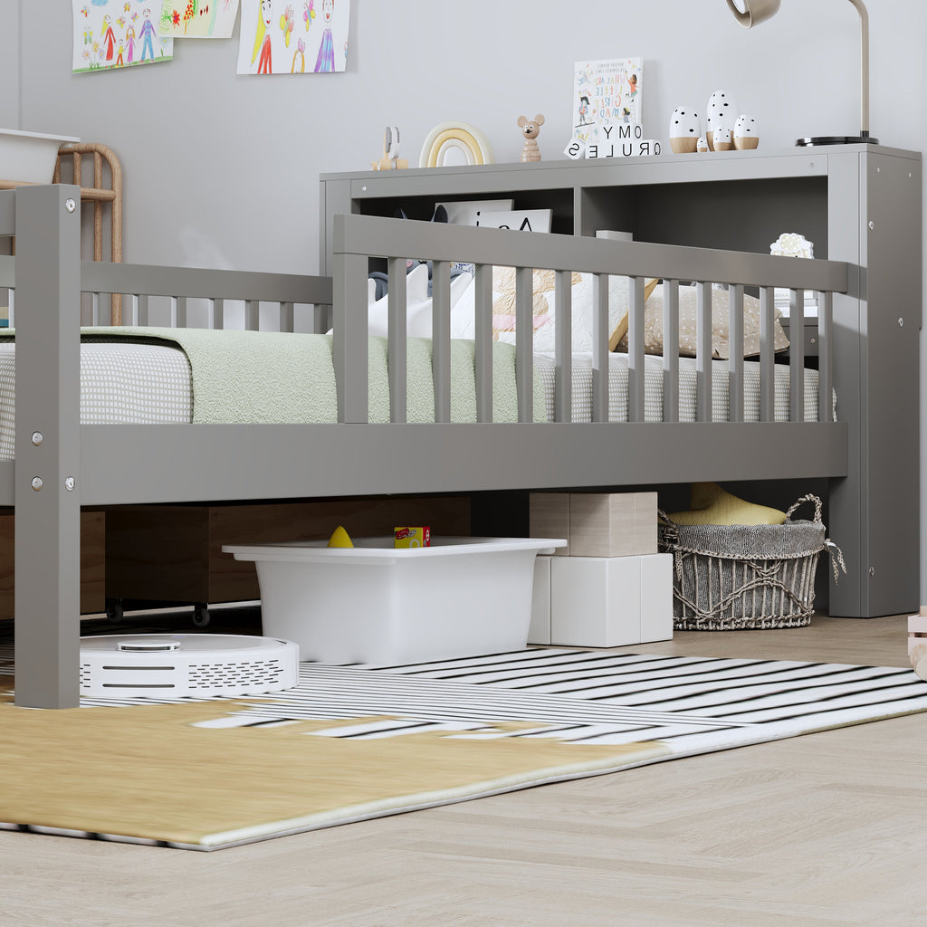 Twin Size Bed with Headboard Storage Rack and Under-Bed Drawers