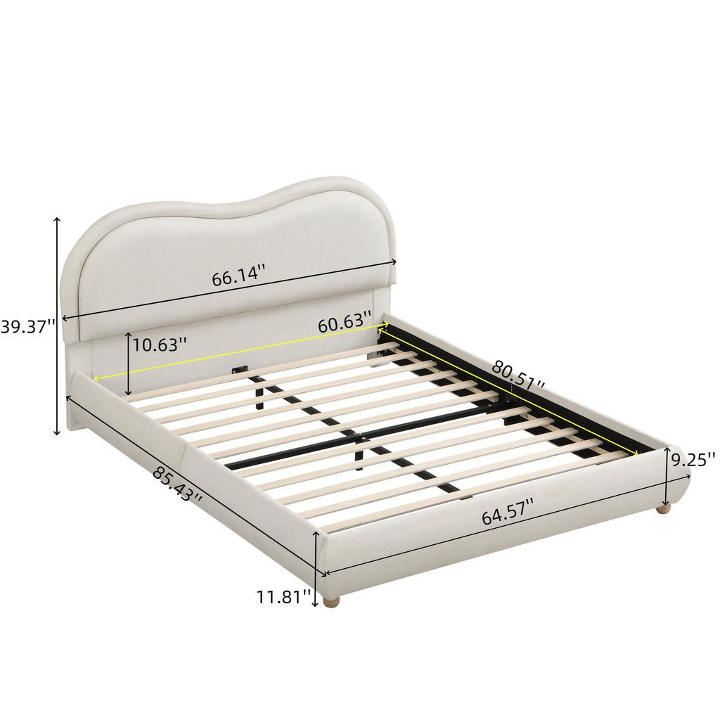 Queen Size Upholstered Platform Bed Frame with Rounded Corners Curved Headboard