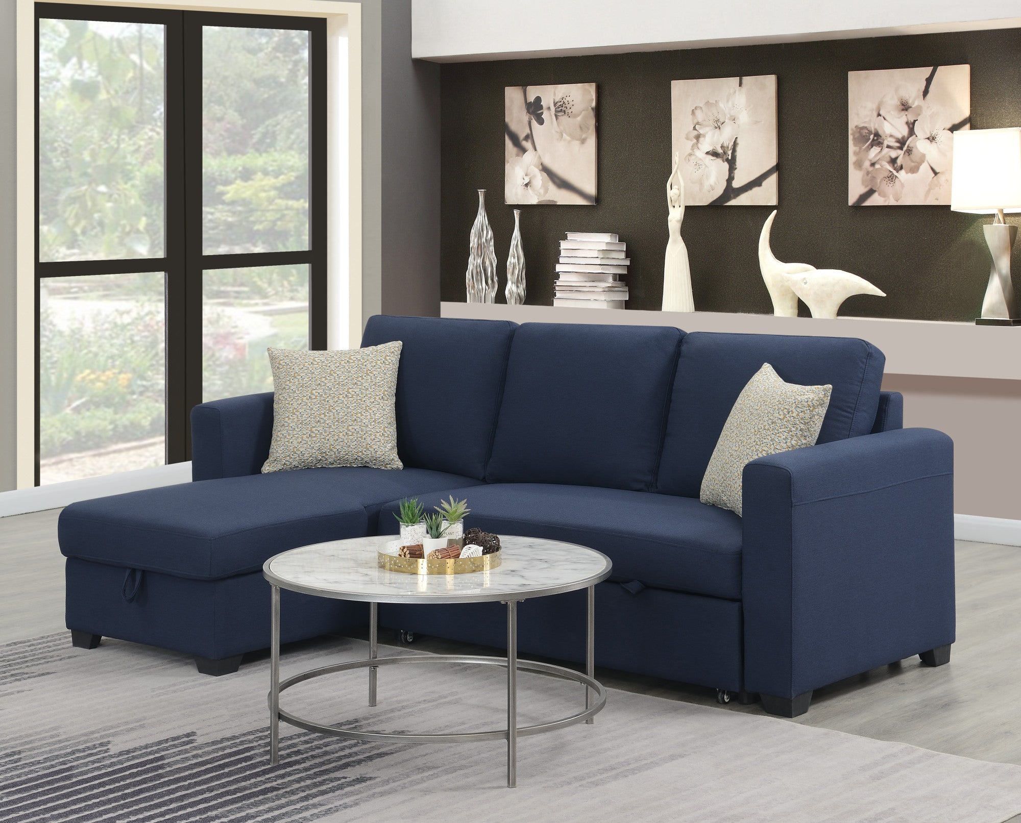Navy Reversible Sectional with Pop-Up Sleeper and Storage Chaise