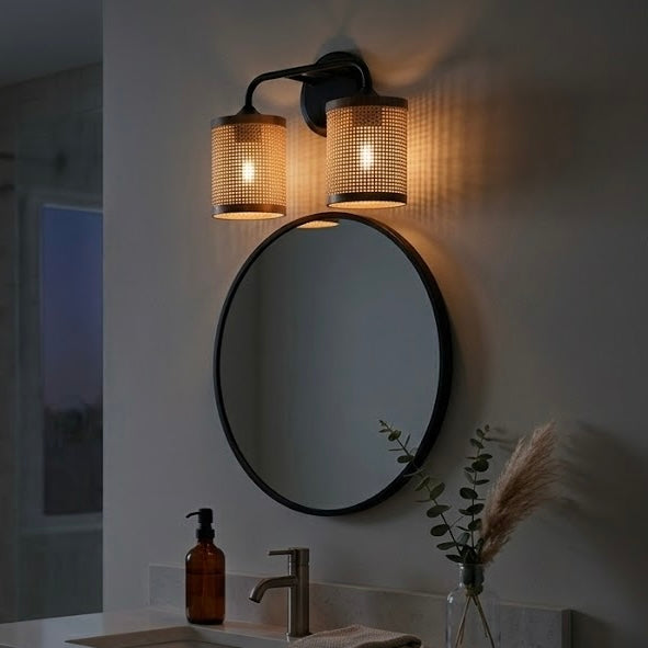Quell Double Light Vanity With Natural Rattan Shade