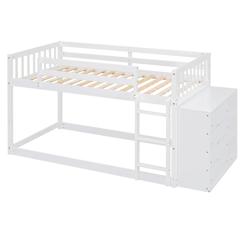 Twin Over Twin Bunk Bed with 4 Drawers and 3 Shelves - White