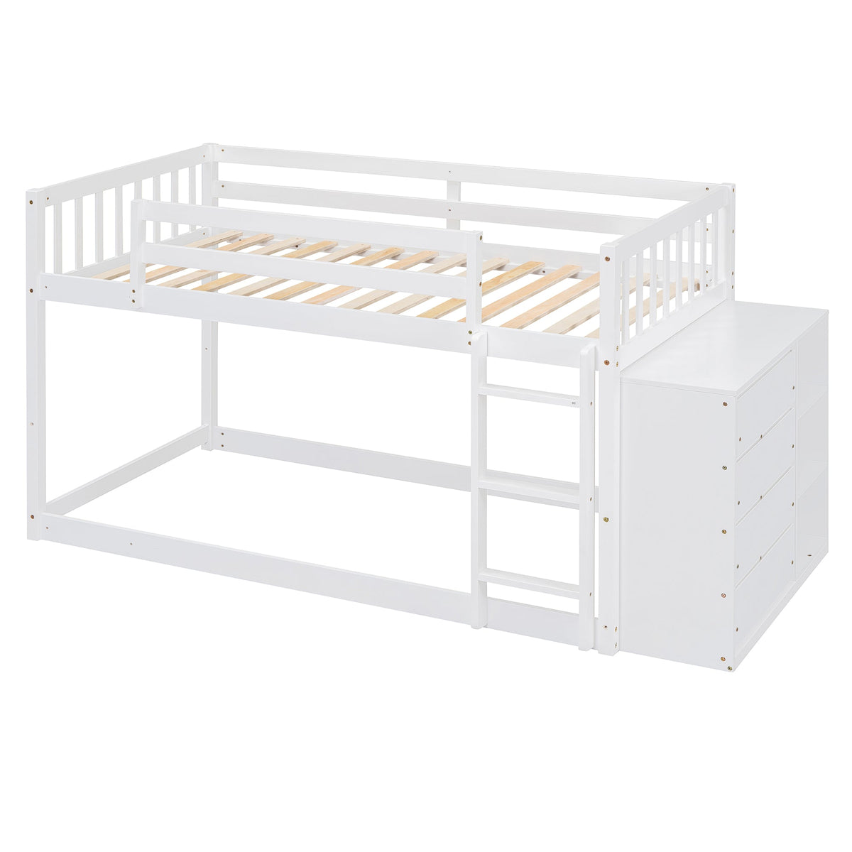 Twin Over Twin Bunk Bed with 4 Drawers and 3 Shelves - White