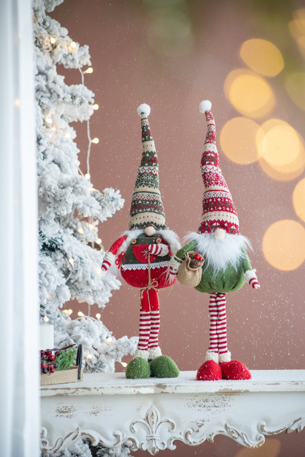 Set of 2 Fabric Standing Holiday Gnomes with Knit Hats