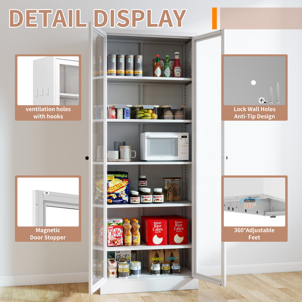 Metal Kitchen Pantry Cabinet - 72" Tall Storage with 5 Adjustable Shelves