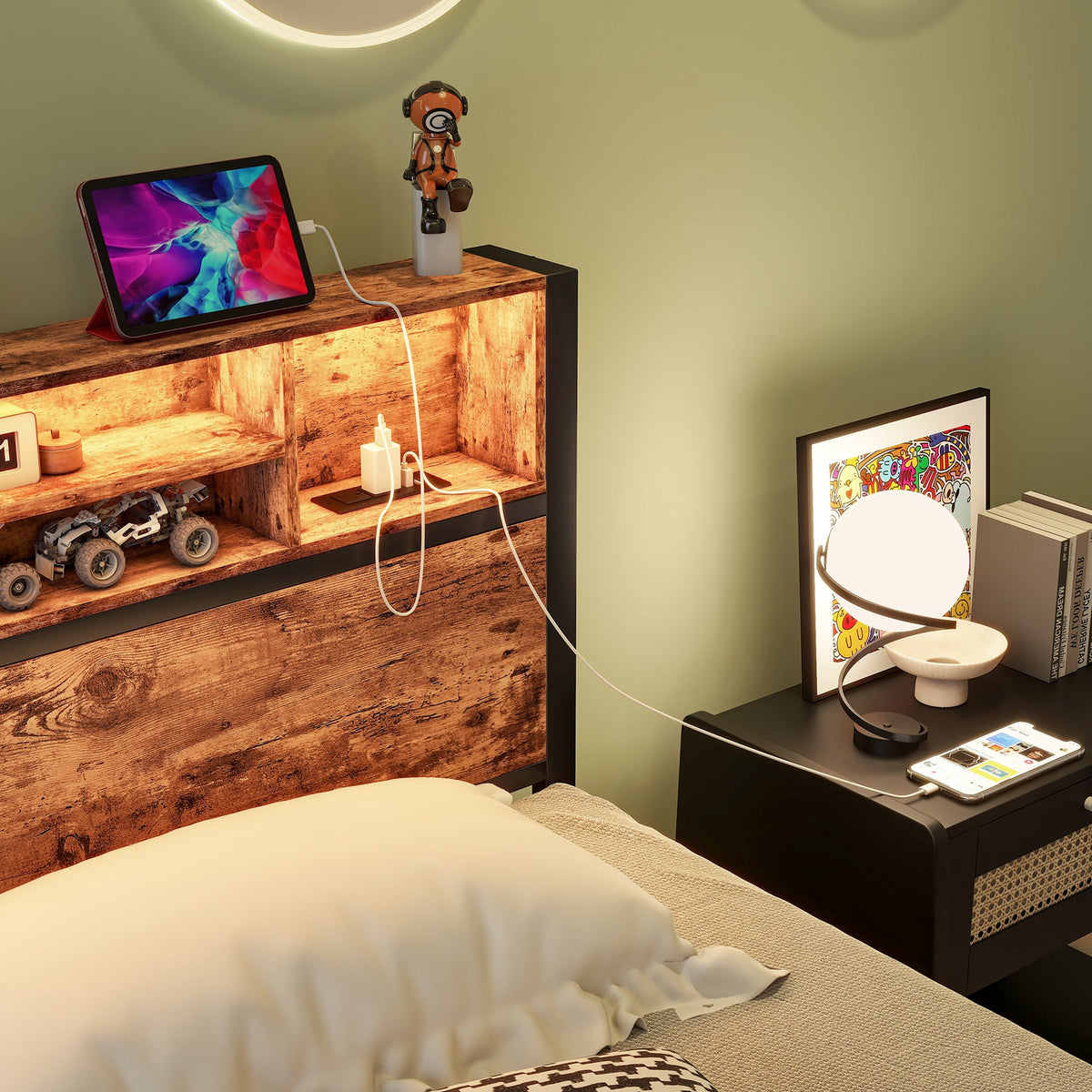 Twin Size Bed Frame with Storage Headboard