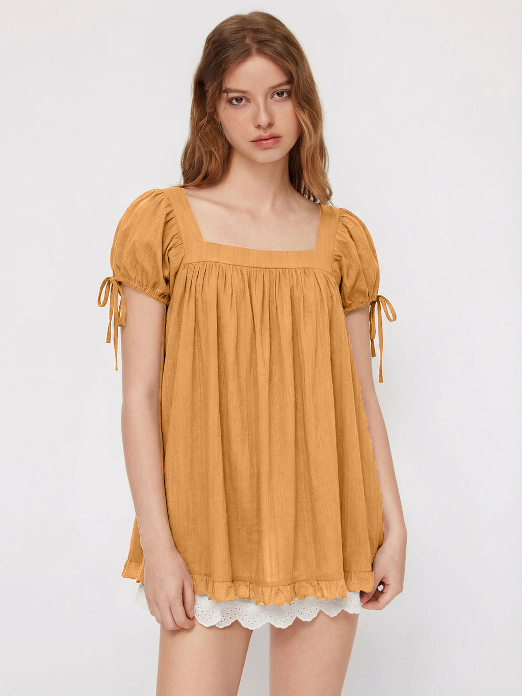 Hot-Selling Cross-Border Women's Casual Square Neck Ruffle Tie Short-Sleeve Shirt