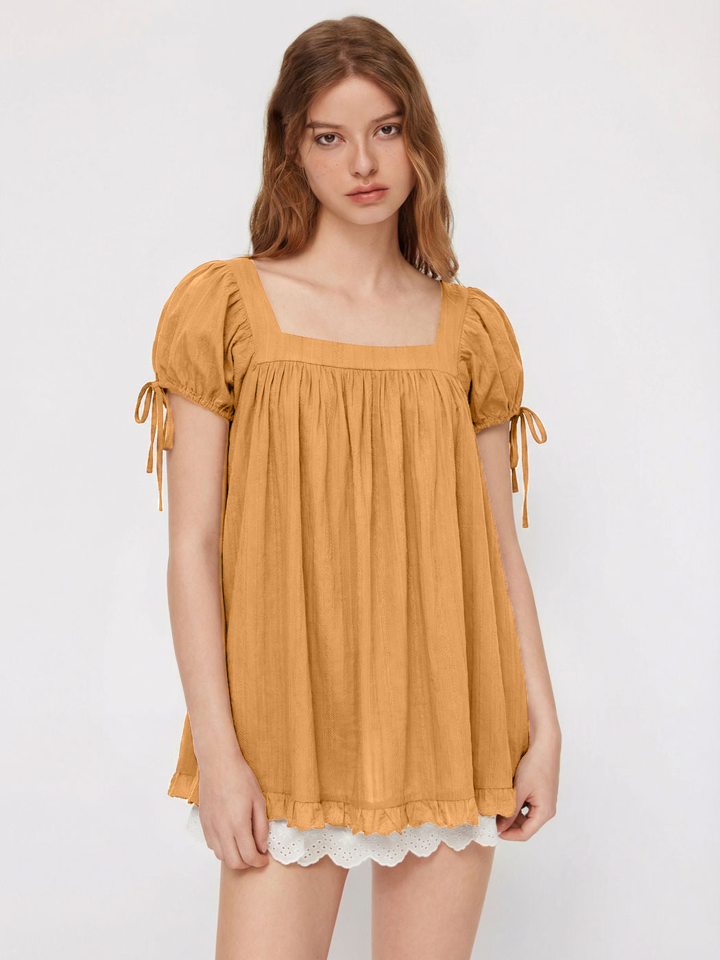 Hot-Selling Cross-Border Women's Casual Square Neck Ruffle Tie Short-Sleeve Shirt