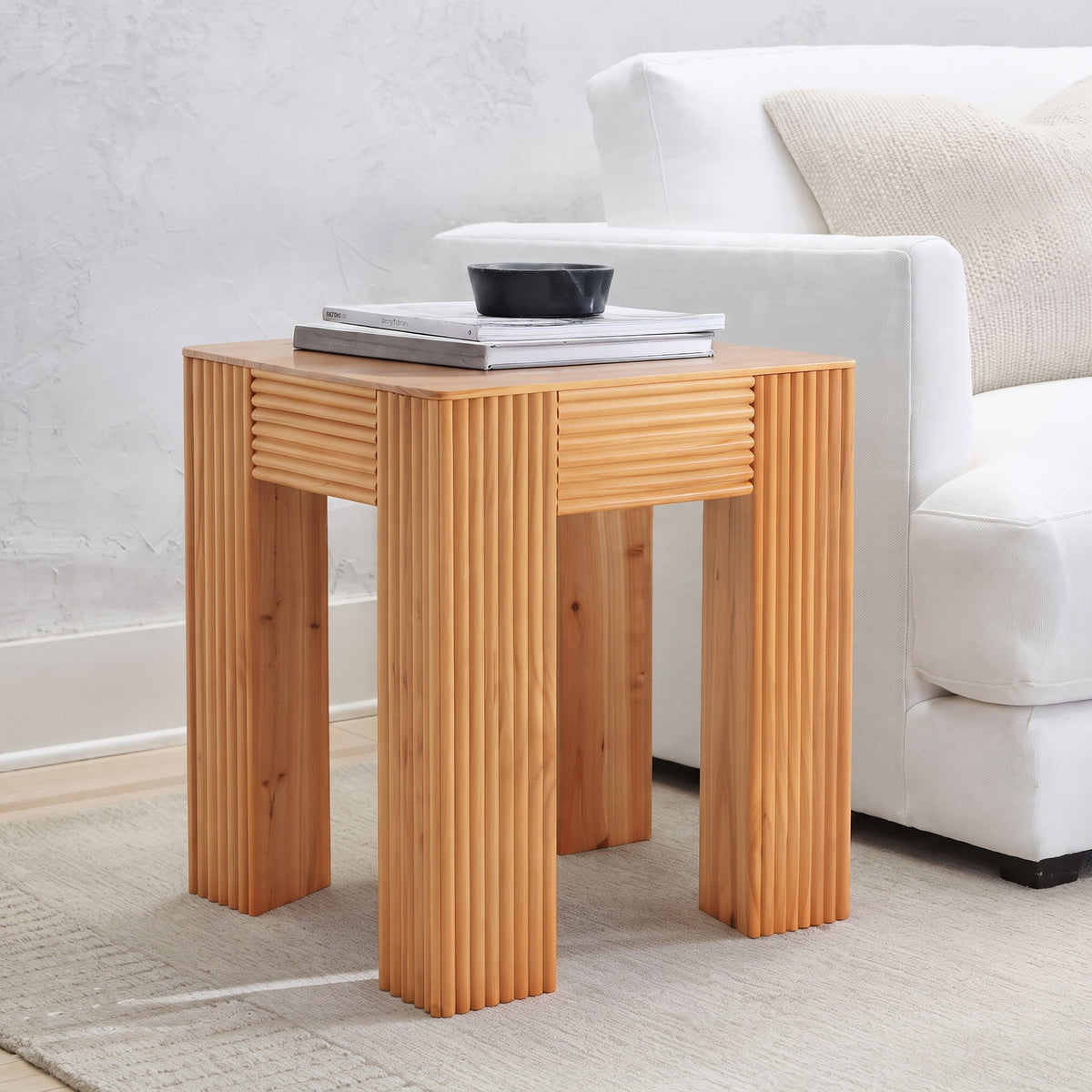 Natural Pine Wood Fluted Side Table with Elephant-Leg Design