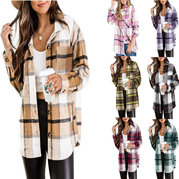Womens Woolen Plaid Pocket Shirt Casual Jacket