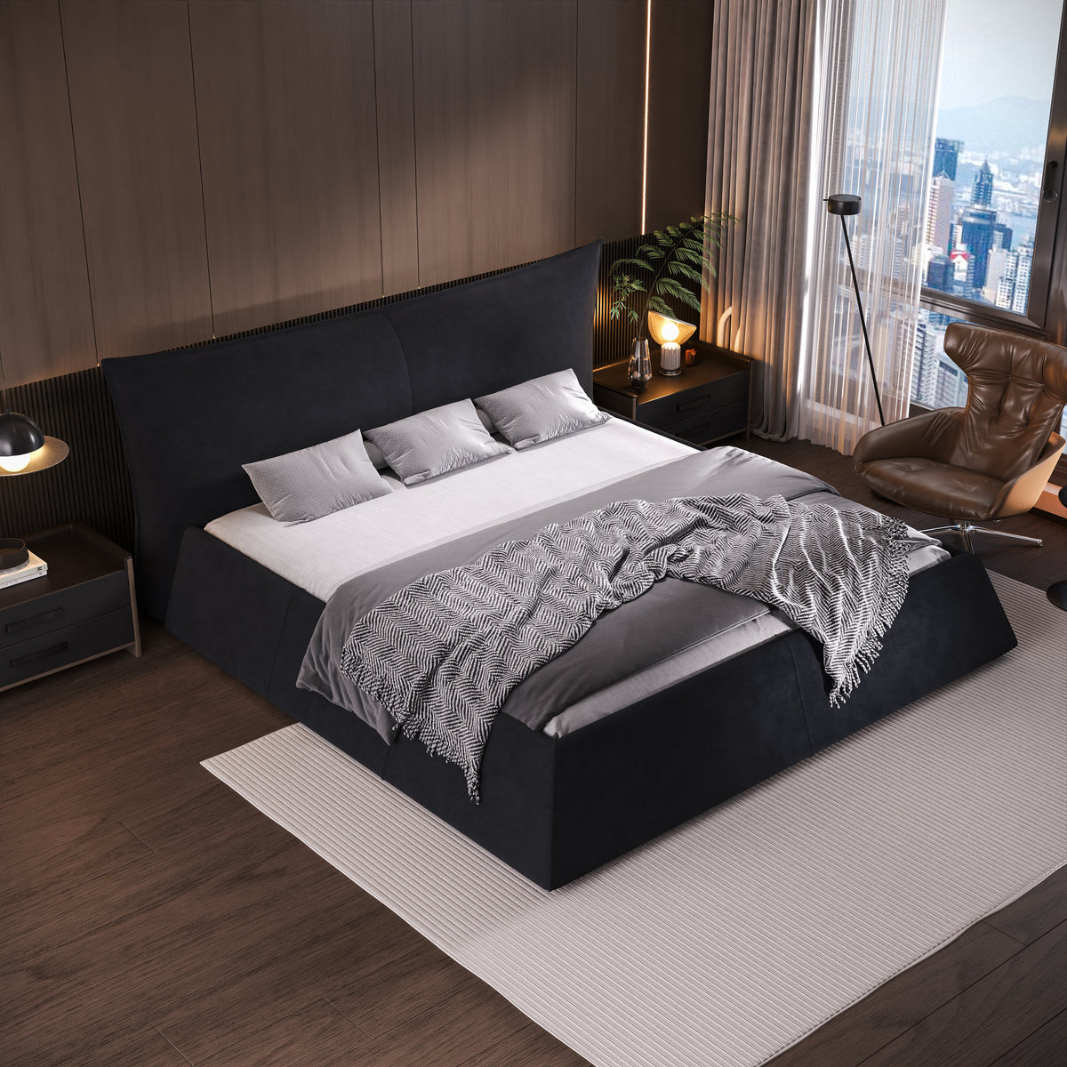 Queen Size Upholstered Platform Bed with Special Shaped Velvet Headboard