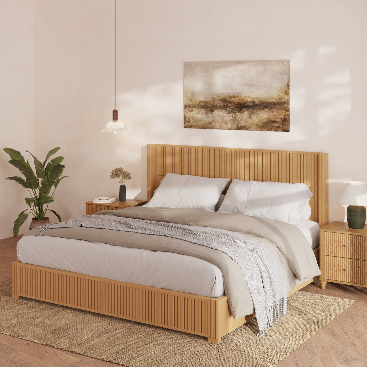 Solid Wood Platform Bed Frame with Headboard - King Size