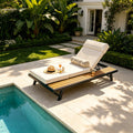Black Iron + Teak Finish Outdoor Chaise Lounge Set