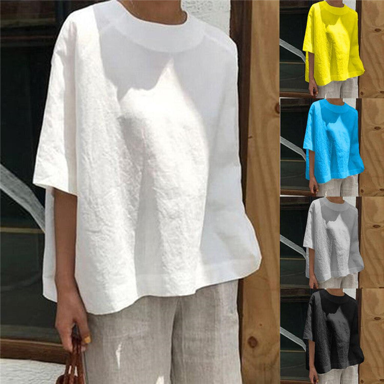 Solid Color Loose Round-neck Women's Shirt, European Style, Casual Style, Short Sleeve, Solid Color
