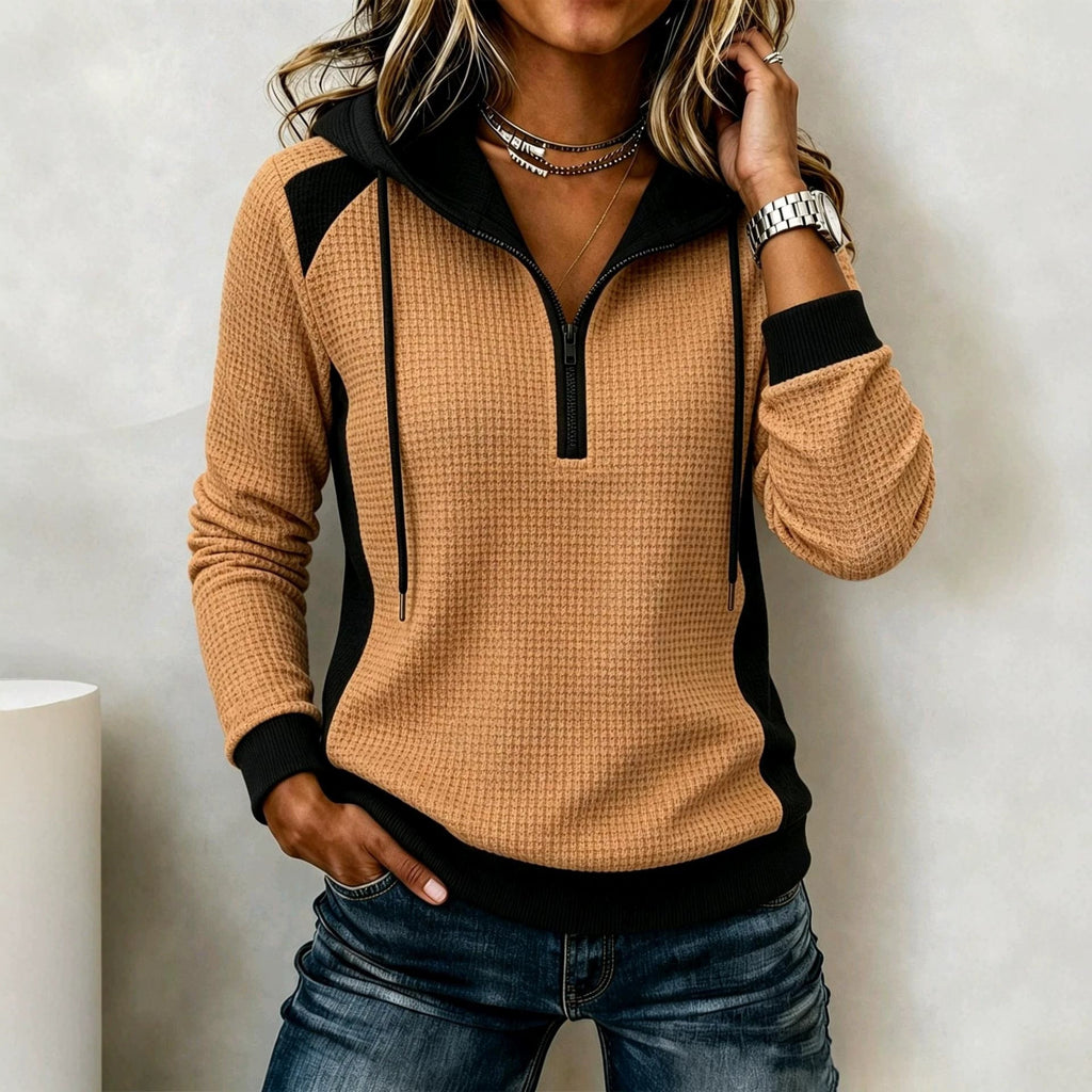 Women's Waffle-knit Half-zip Hooded Sweatshirt