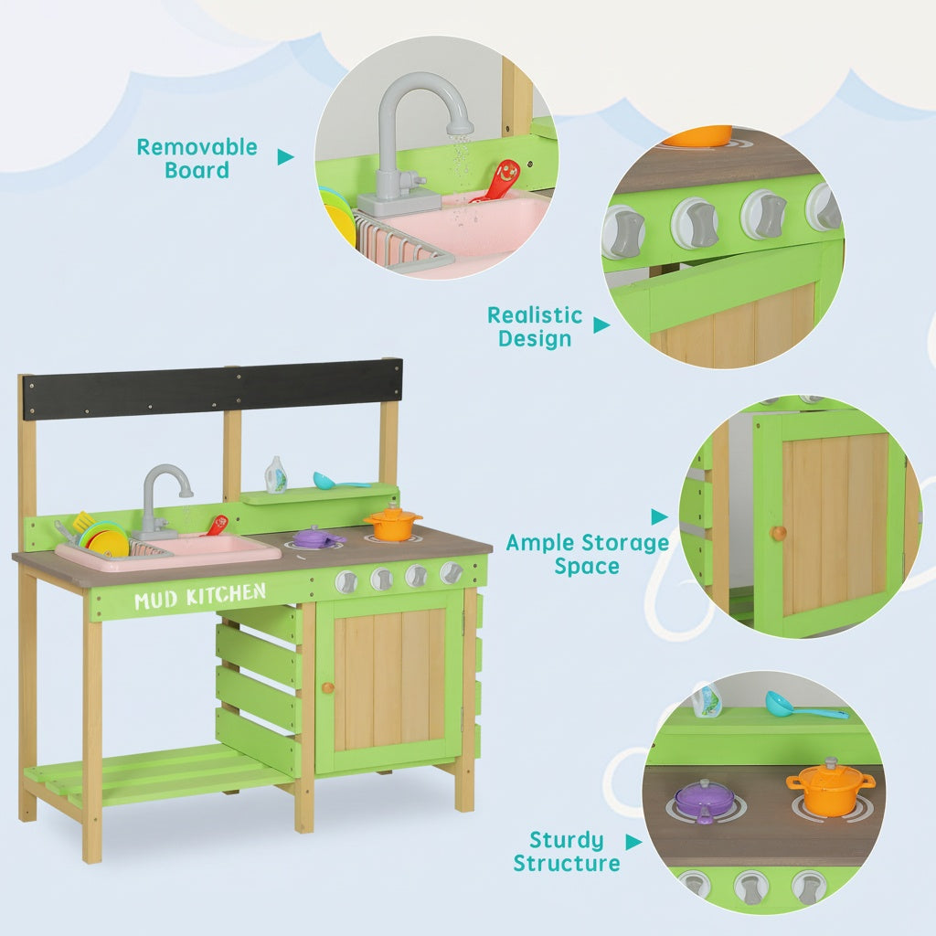Kids Play Kitchen - Wood Mud Kitchen with Water Play Set