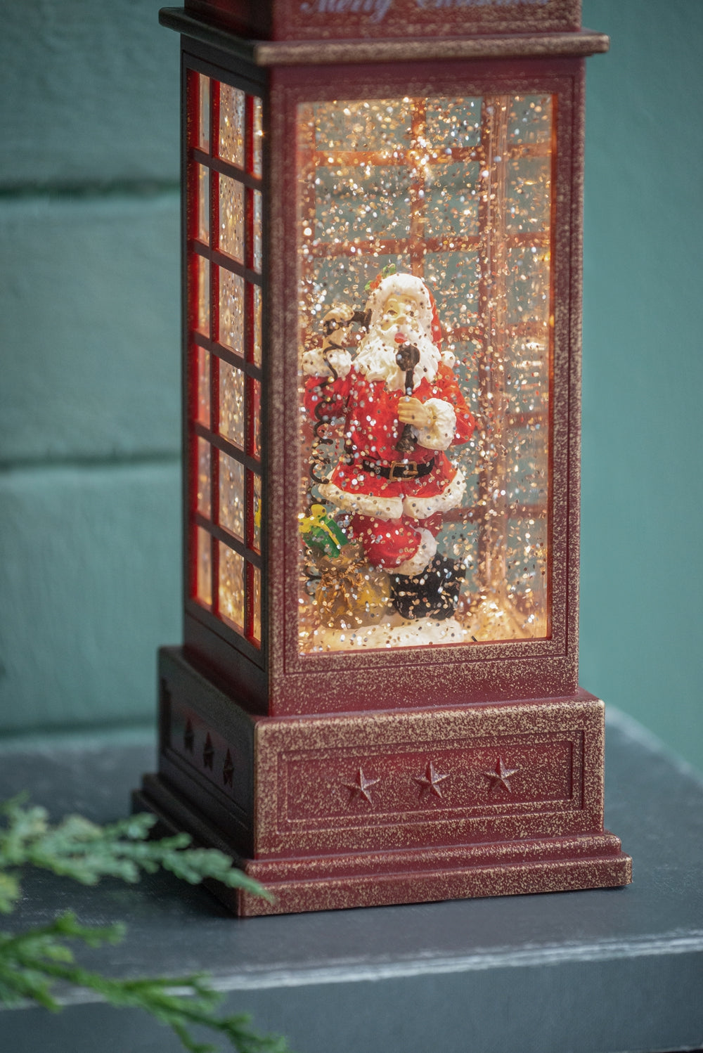 4x4x10"H Christmas Lighted Water Spinning Phone Booth With Santa