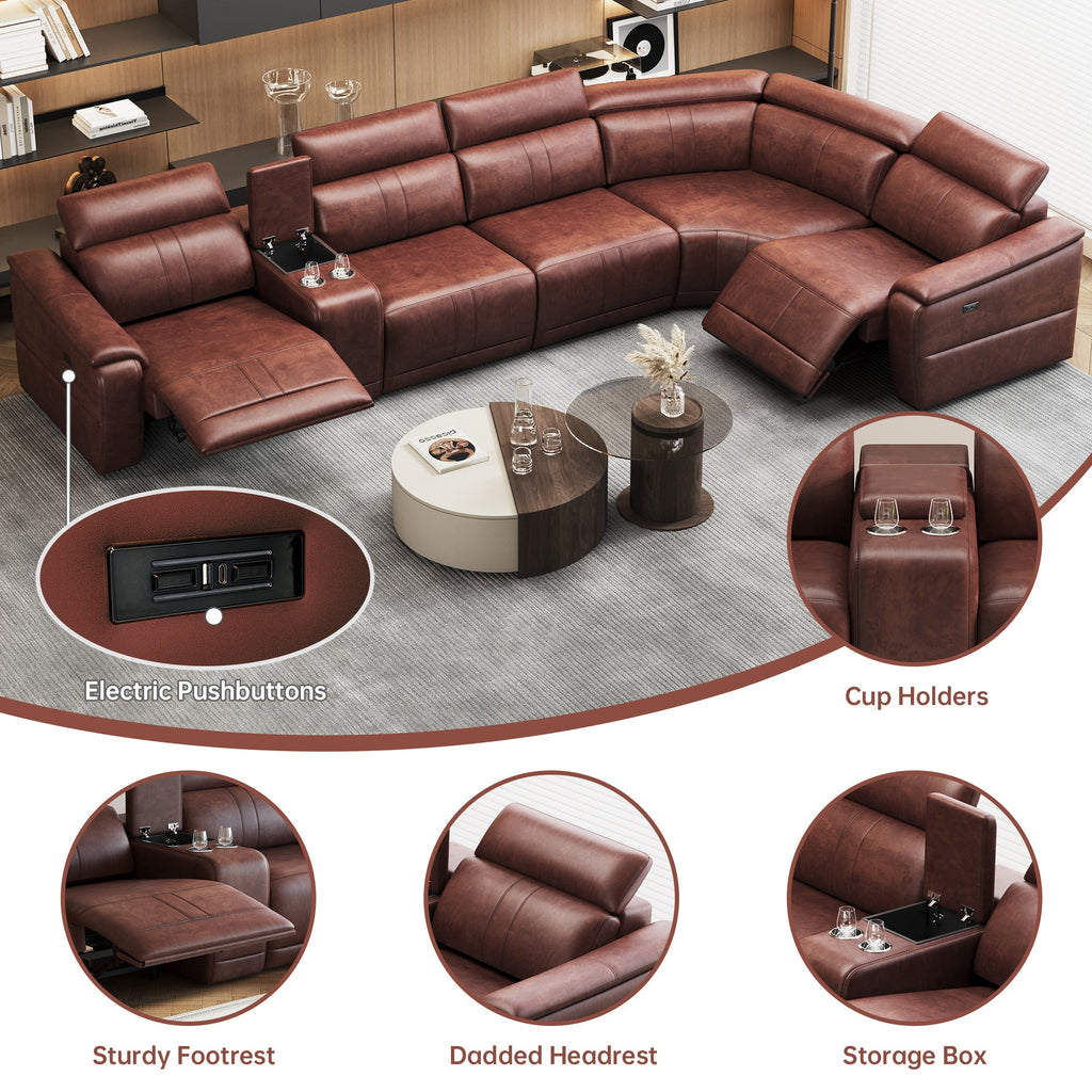 6-Piece Modular Leather Sofa with 2 Cup Holders