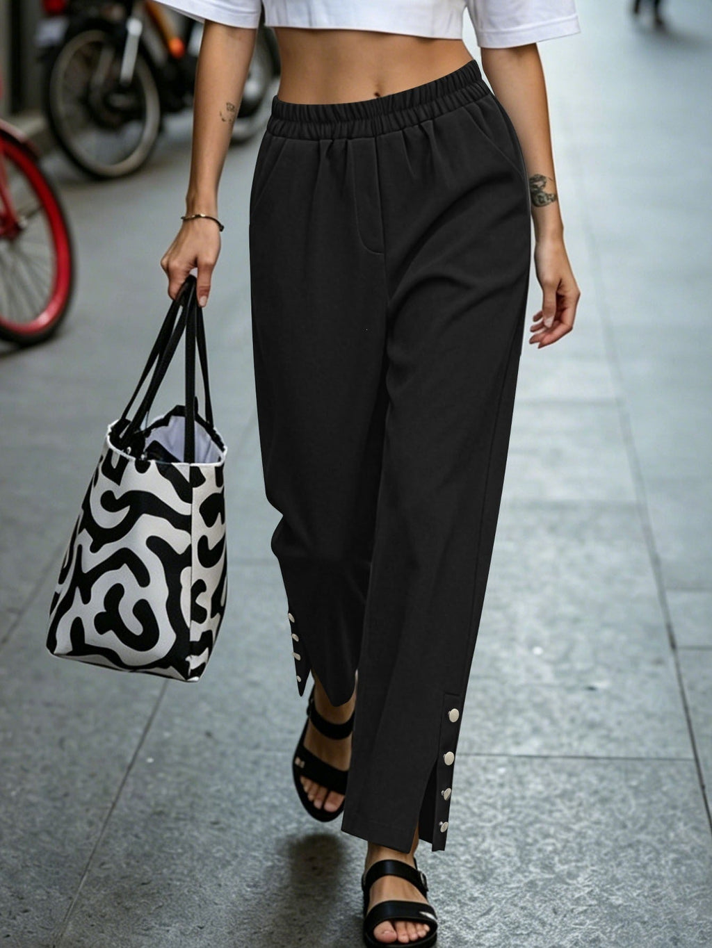 Independent Site European And American Cross-border Foreign Trade Elastic Waist Cropped Straight-leg Trousers With Buttoned Cuffs And Drapey Casual Design