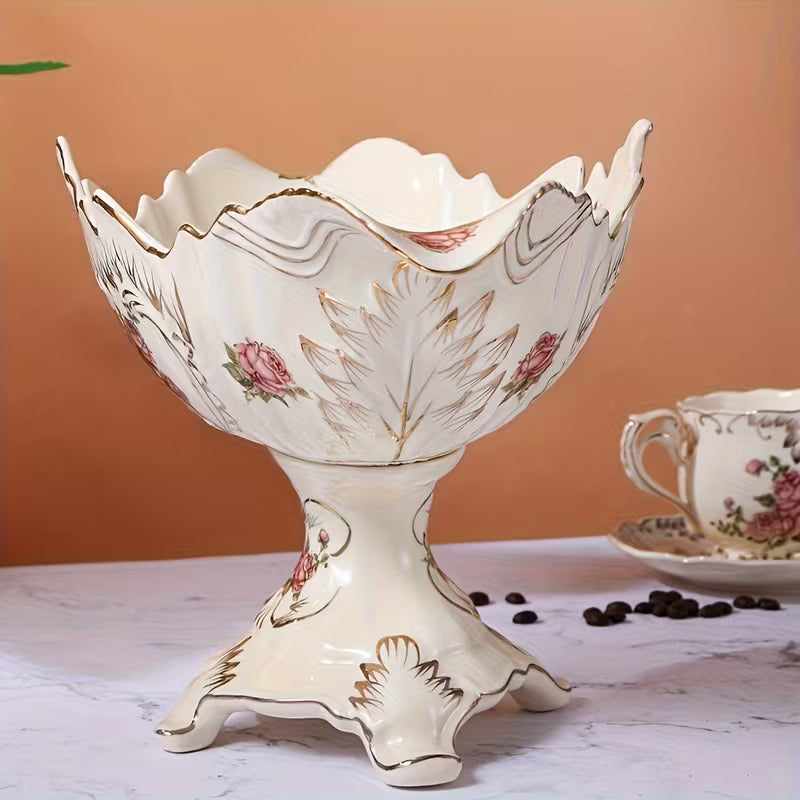 13-Inch Oval Ceramic Fruit Plate with Pedestal Foot Stand