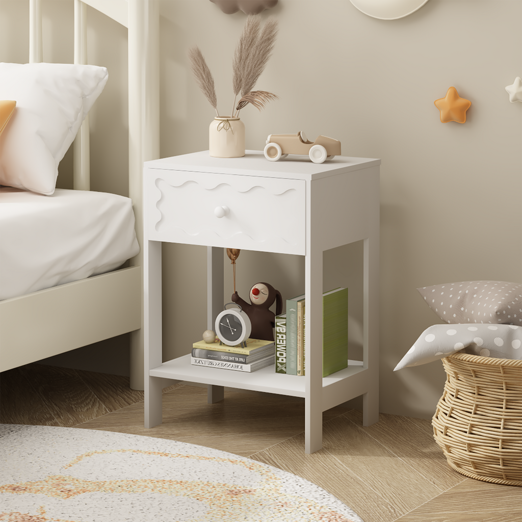White Nightstand with Drawer and Open Shelf