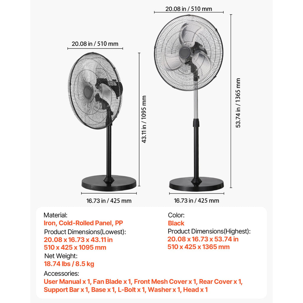 18" Industrial Pedestal Fan 3-Speed Oscillating Fan