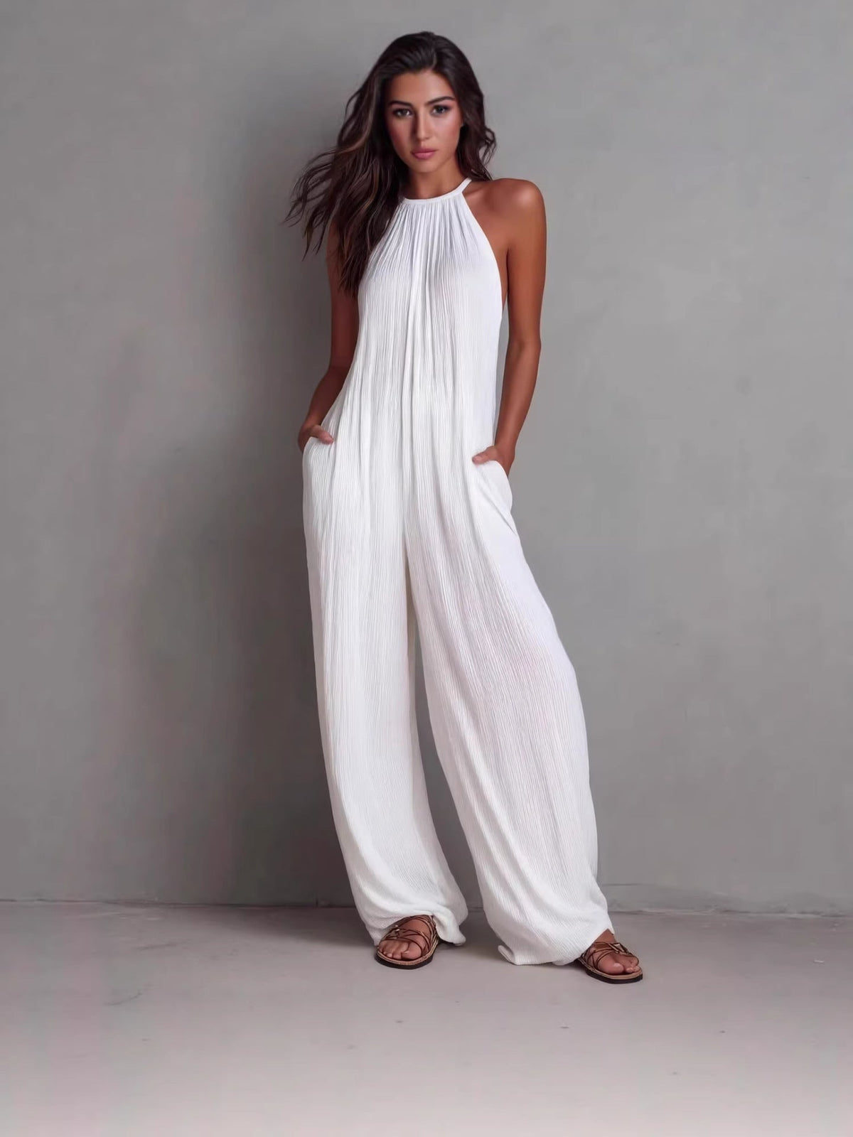 Cross-Border Foreign Trade Women's Clothing European And American Style Halter Neck Sleeveless Vacation Style White Pleated Backless Wide-Leg Jumpsuit