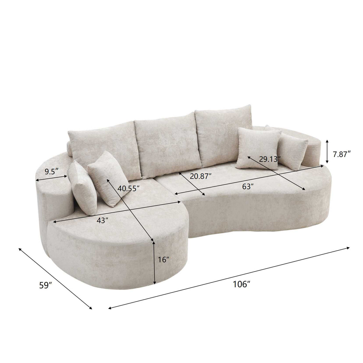 106 in. 2-Piece Fabric Cloud Curved Sectional Sofa with Chaise