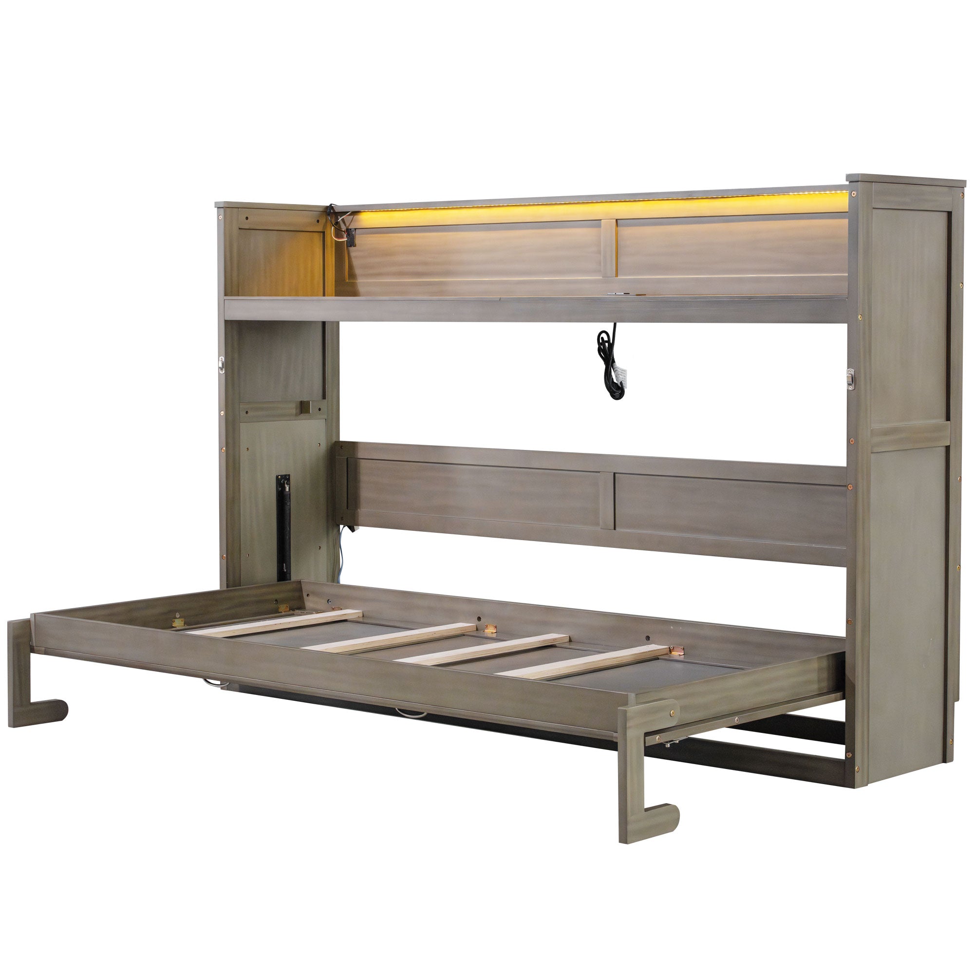 Twin XL Size Murphy Bed with Desk, LED Light and USB Charging Station