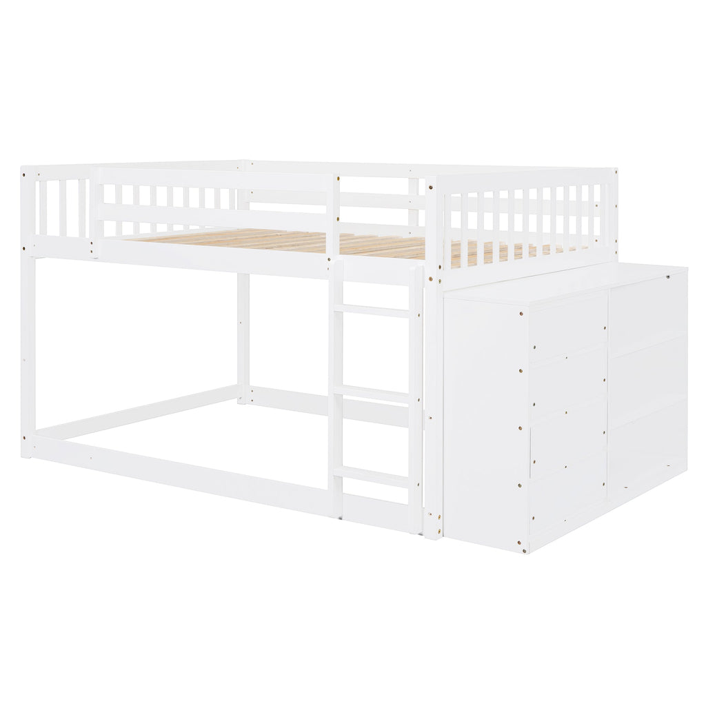Full Over Full Bunk Bed with 4 Drawers and 3 Shelves - White