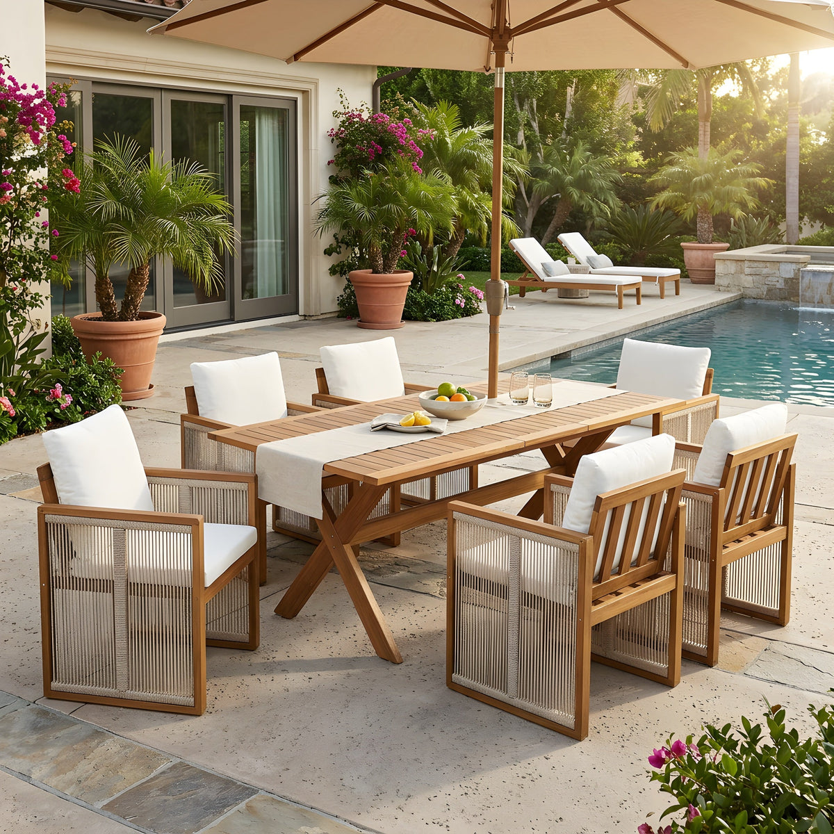 7 Pieces Acacia Wood Outdoor Dining Set with Cushions