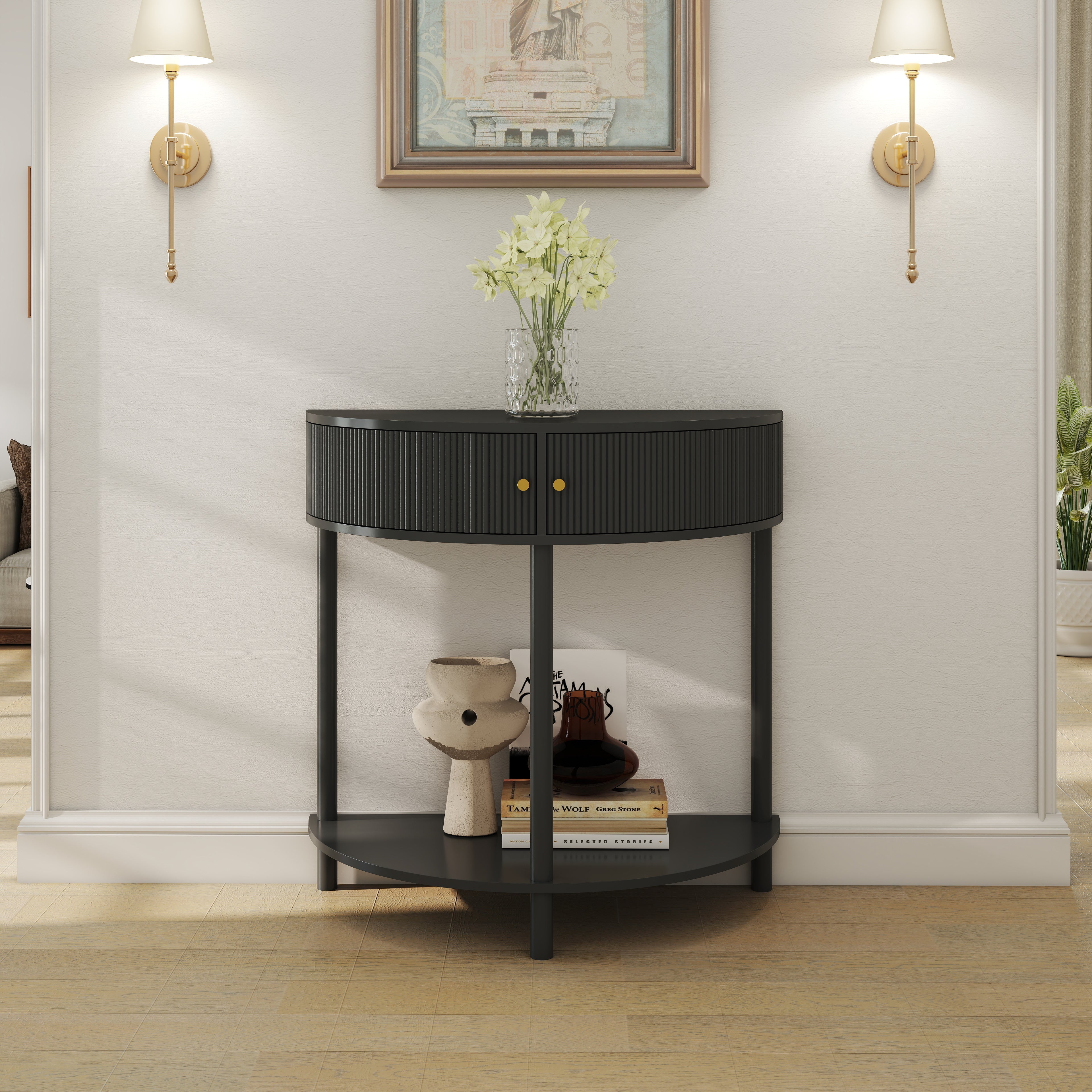 Artisan-Crafted Wave-Pattern Demi-Lune Console Table