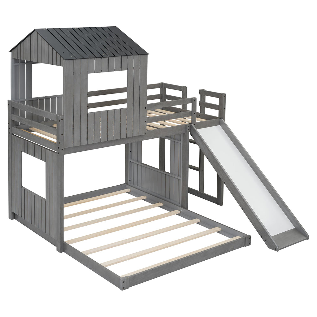 Wooden Twin Over Full Bunk Bed with Playhouse