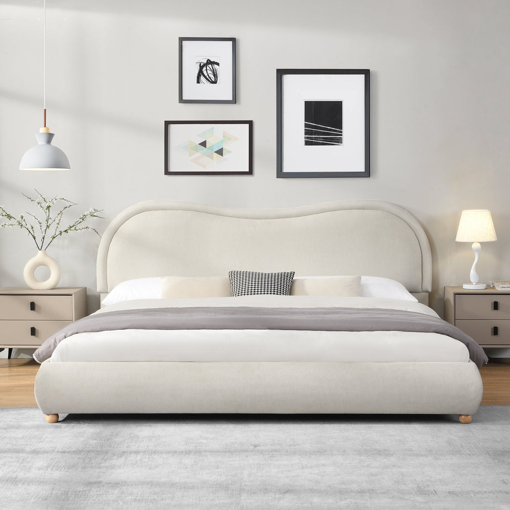 King Size Upholstered Platform Bed Frame with Rounded Corners