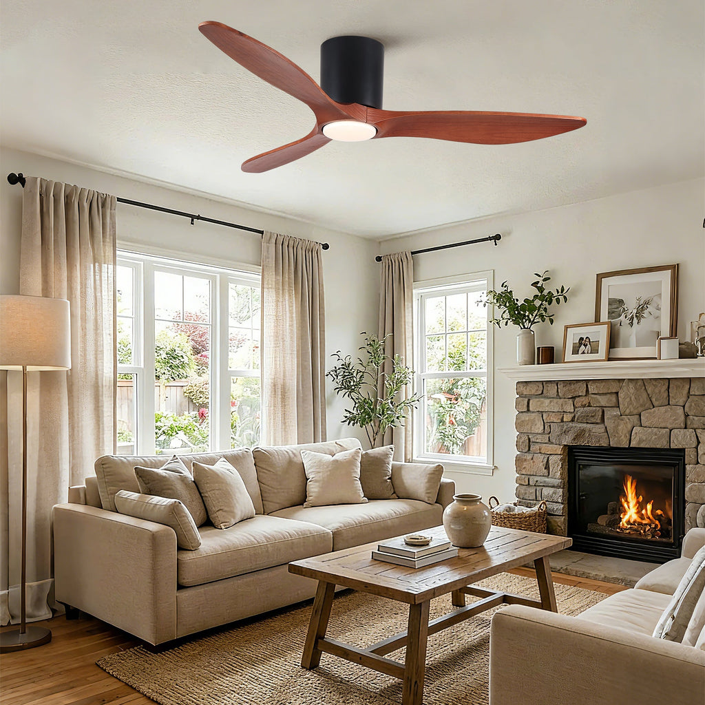52" Modern Farmhouse Retro Solid Wood Low Profile Flush Mount Ceiling Fan