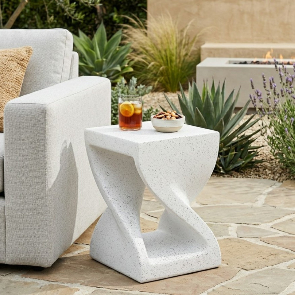 Modern Twisted-Base Terrazzo-Speckled MGO Side Table