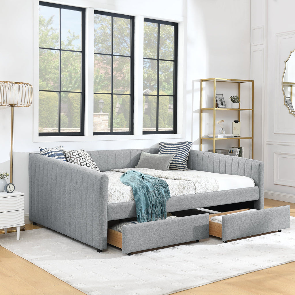 Queen Size Daybed with Two Drawers Trundle Upholstered Sofa Bed