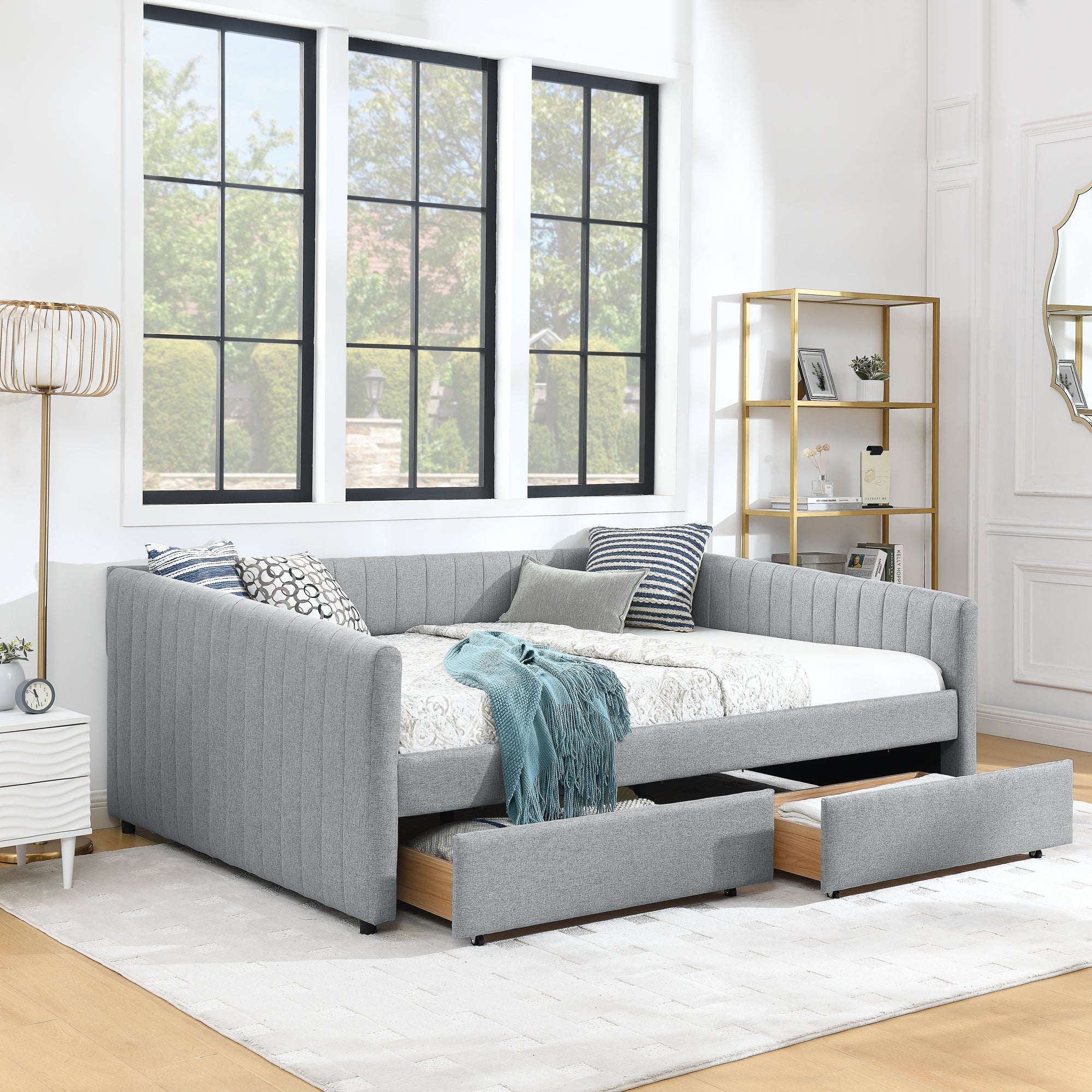 Queen Size Daybed with Two Drawers Trundle Upholstered Sofa Bed