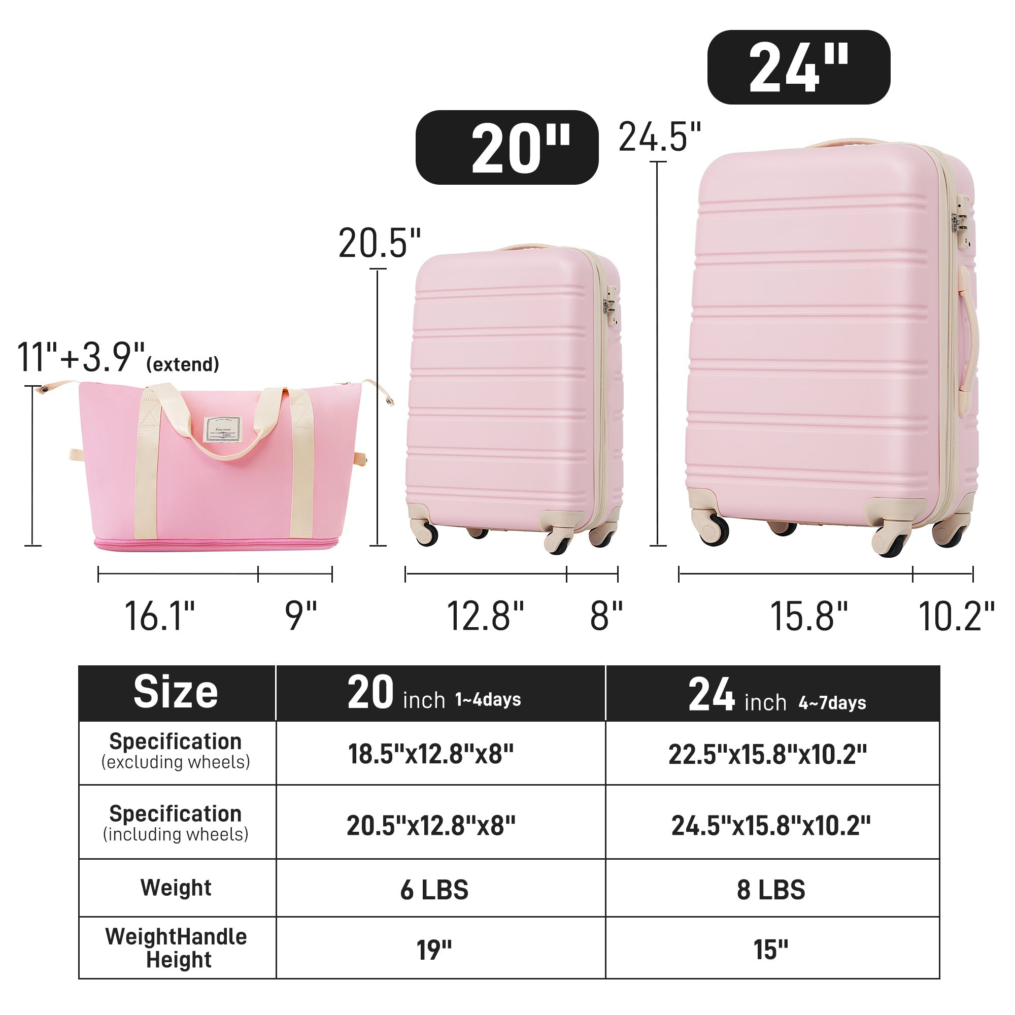 Hardshell Luggage Sets 2Pcs + Bag Spinner Suitcase with TSA Lock