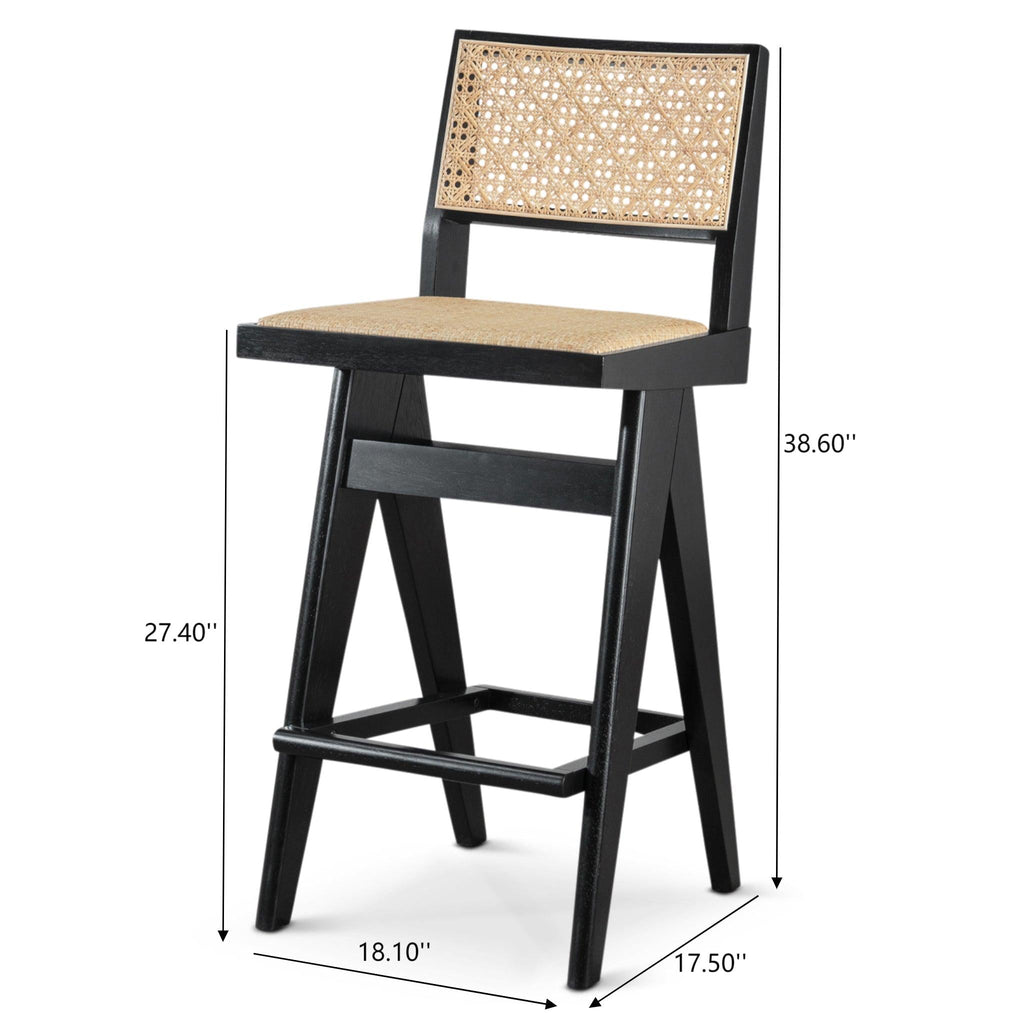 Keira Mid-Century Rattan Bar Stool Set of 2 with Leather Seat
