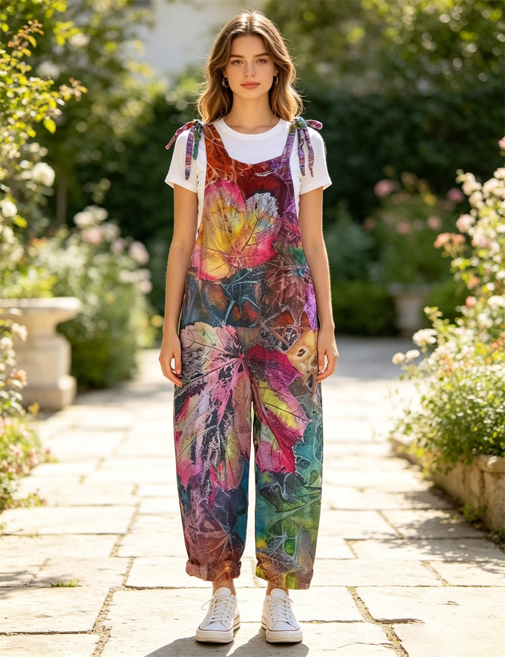 Women Vintage Abstract Plant Block Print Tie Strap Overalls, Loose Wide Leg Rolled Cuff Casual Jumpsuit With Pockets