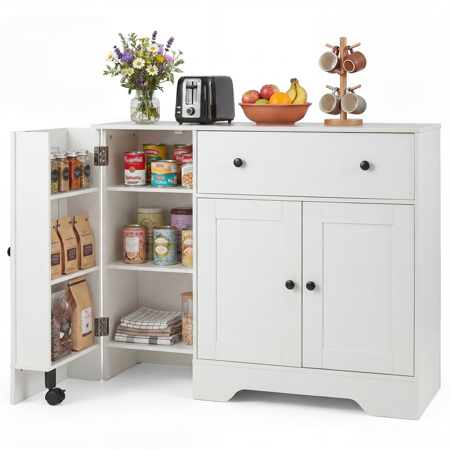 Coffee Bar Cabinet with Rolling Wheels and 3 Doors - 41.5"