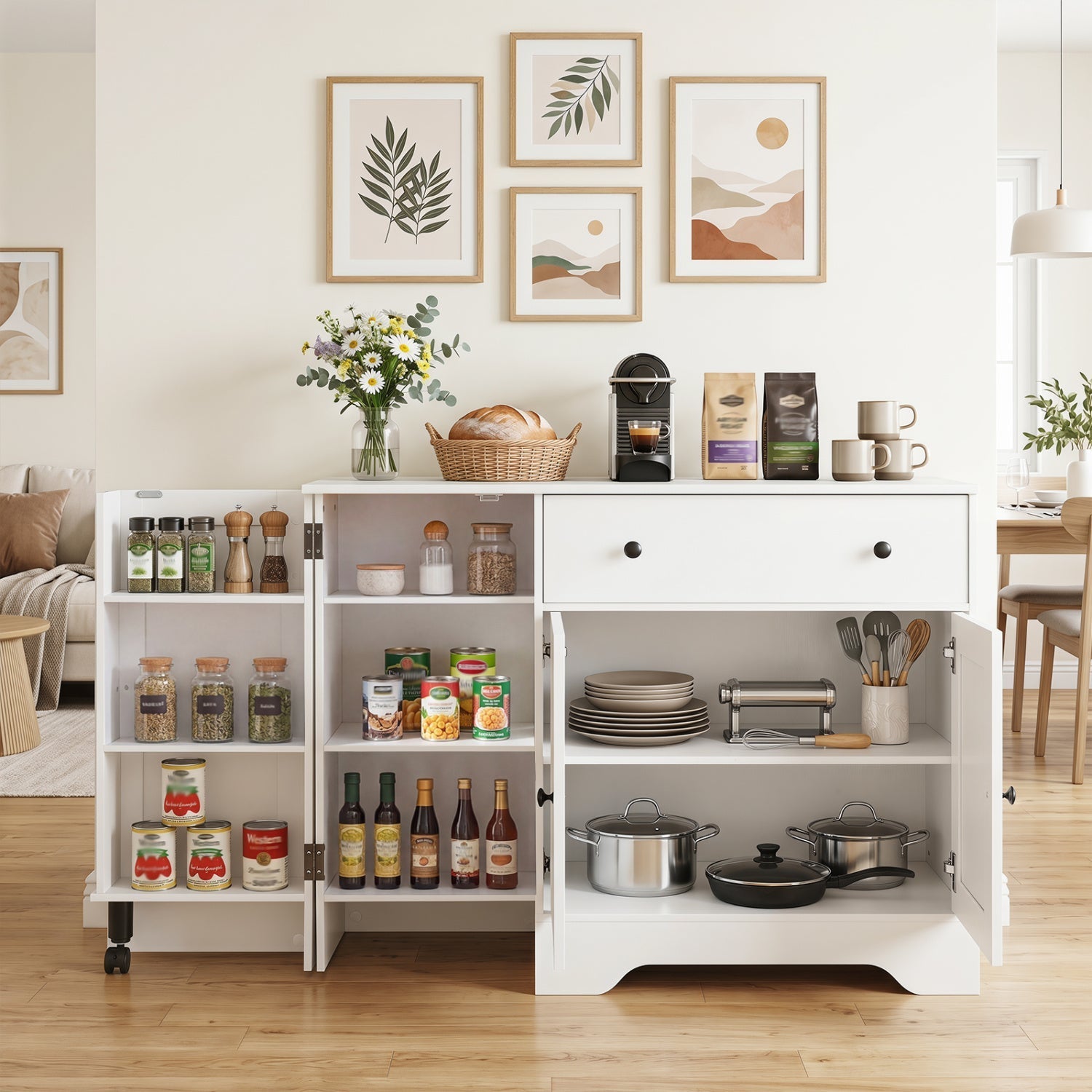 Coffee Bar Cabinet with Rolling Wheels and 3 Doors - 41.5"