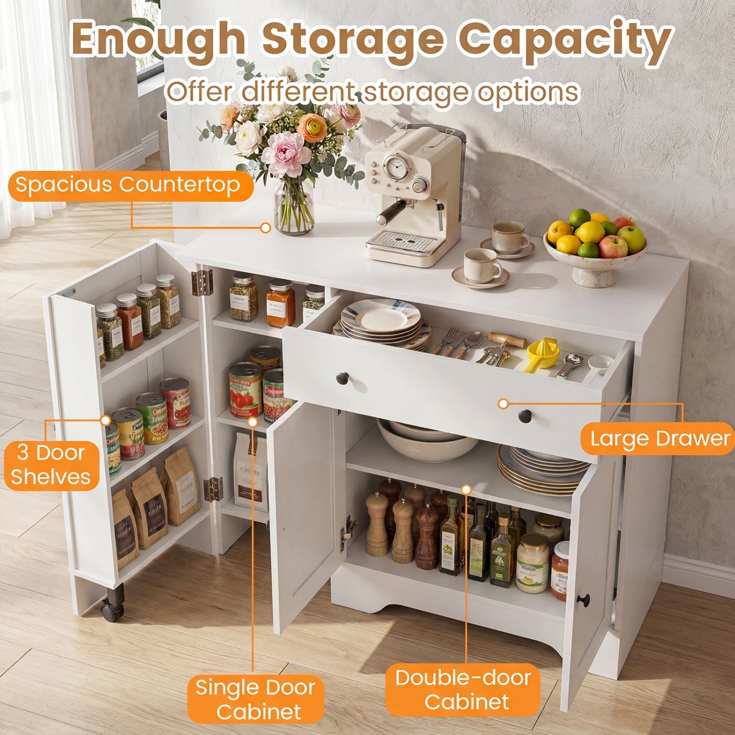 Coffee Bar Cabinet with Rolling Wheels and 3 Doors - 41.5"