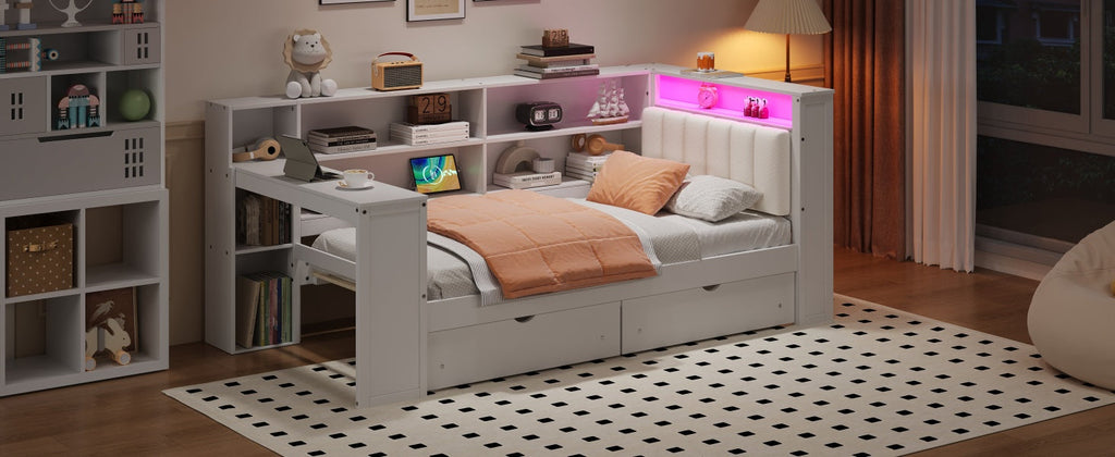 Wood Twin Size Platform Bed with Storage Shelves, Drawers, and LED