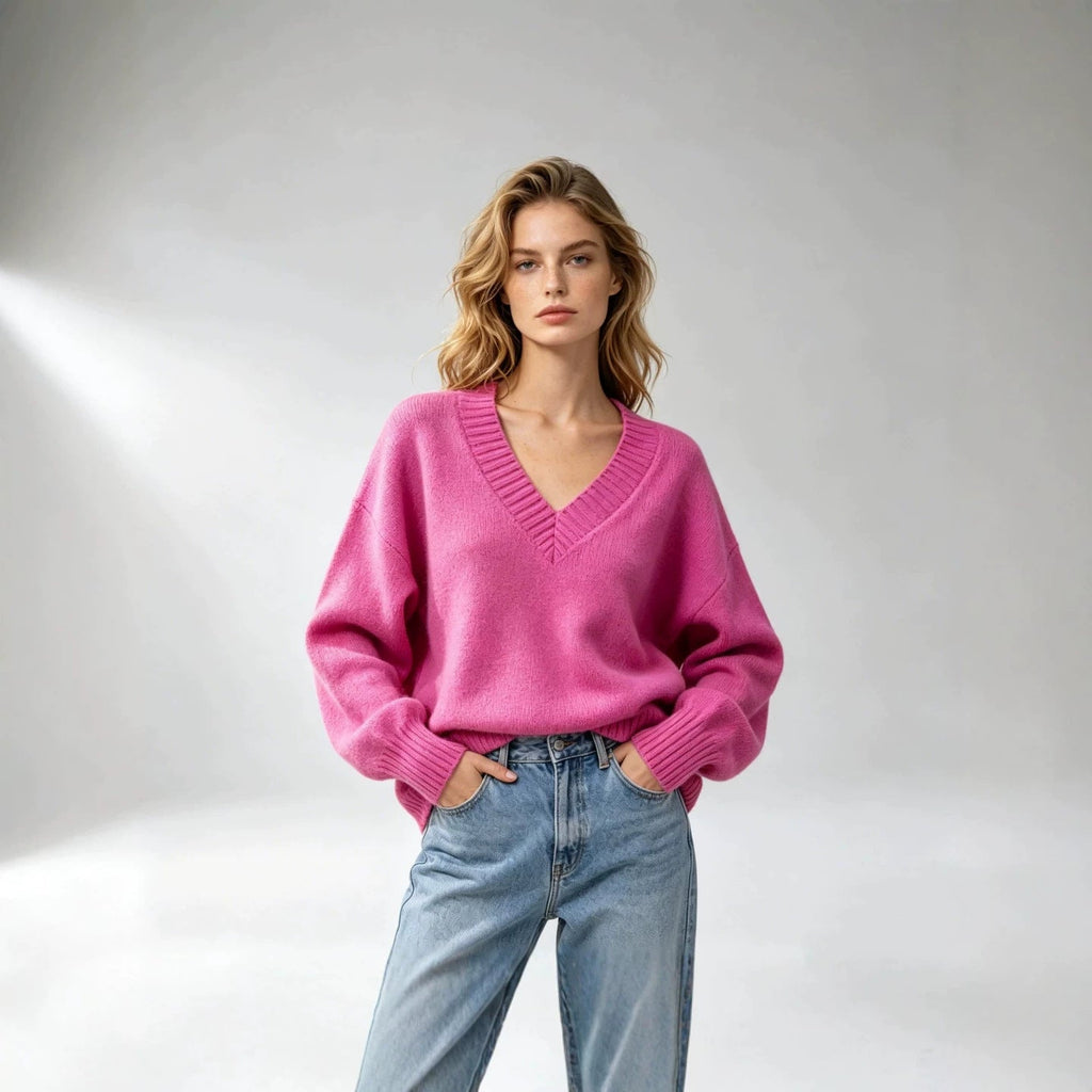 Women's Loose-fit V-neck Casual All-match Knit Sweater