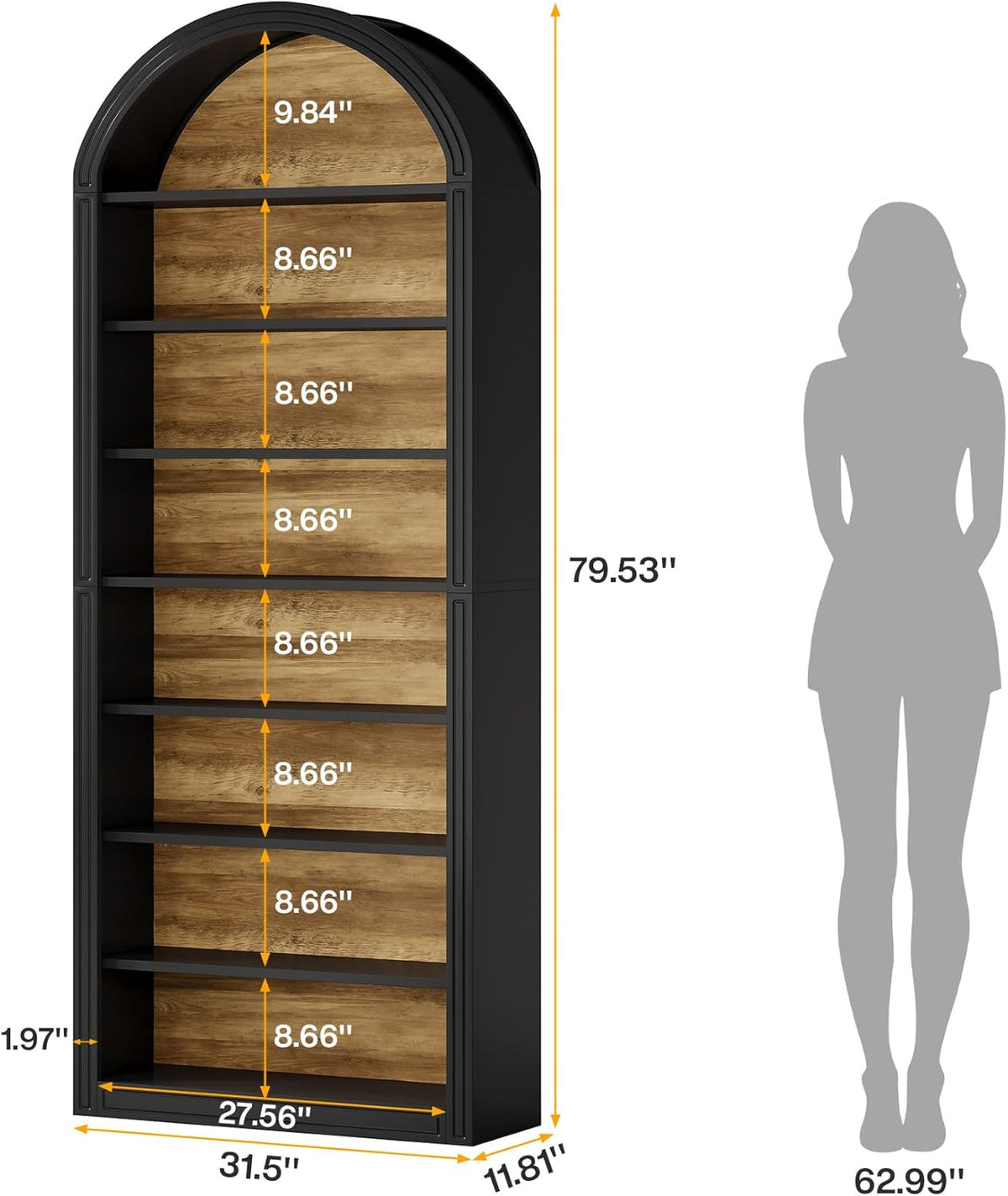 79.53" Tall 8-Tier Black Arched Open Bookshelf