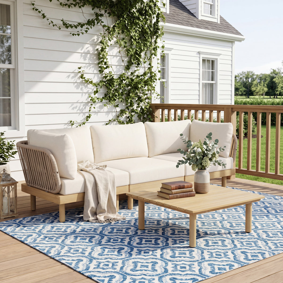 4-Piece Acacia Wood Outdoor Sofa Set with Rope Back