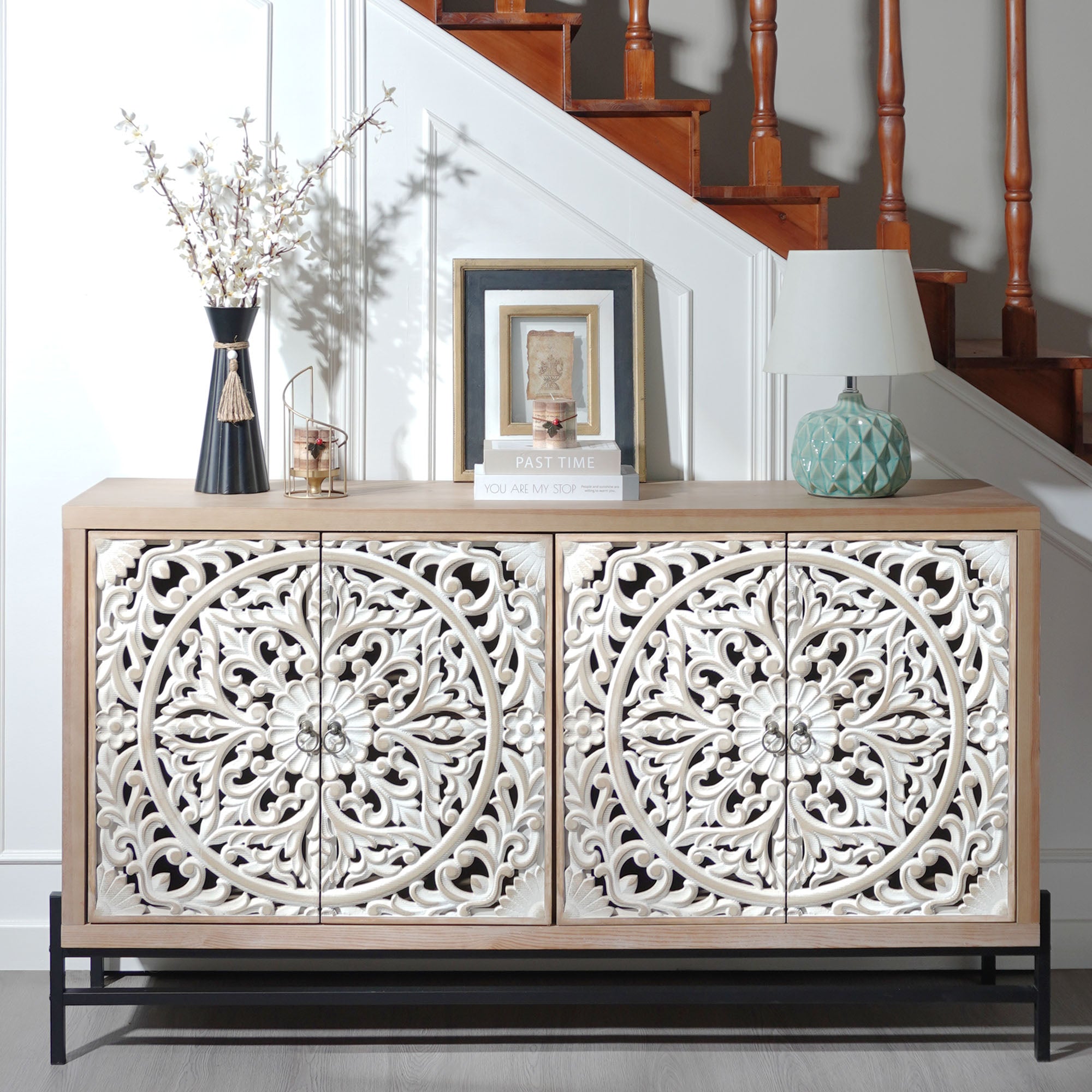 4 Door Wood Cabinet with Metal Base
