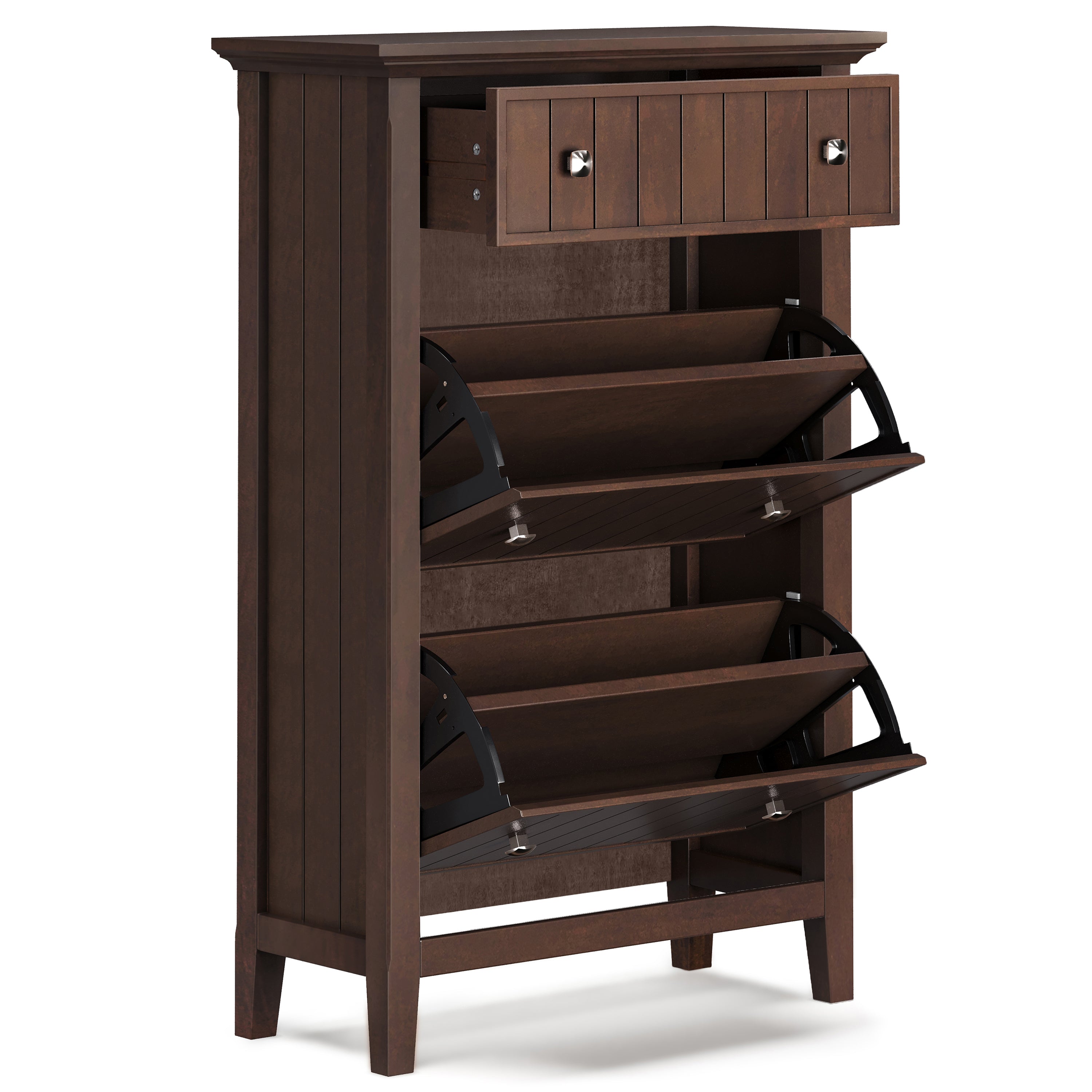 Acadian 32 Inch Wide Solid Wood Entryway Shoe Storage Cabinet in Brunette
