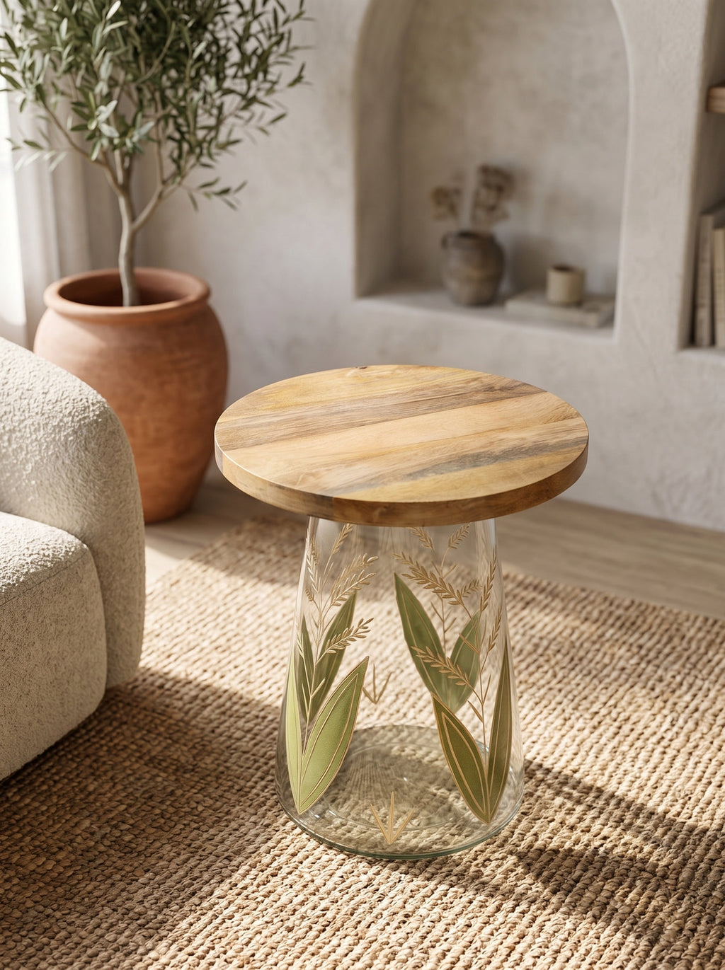 16x17.5" Glass Side Table with Wood Top and Hand-Painted Base